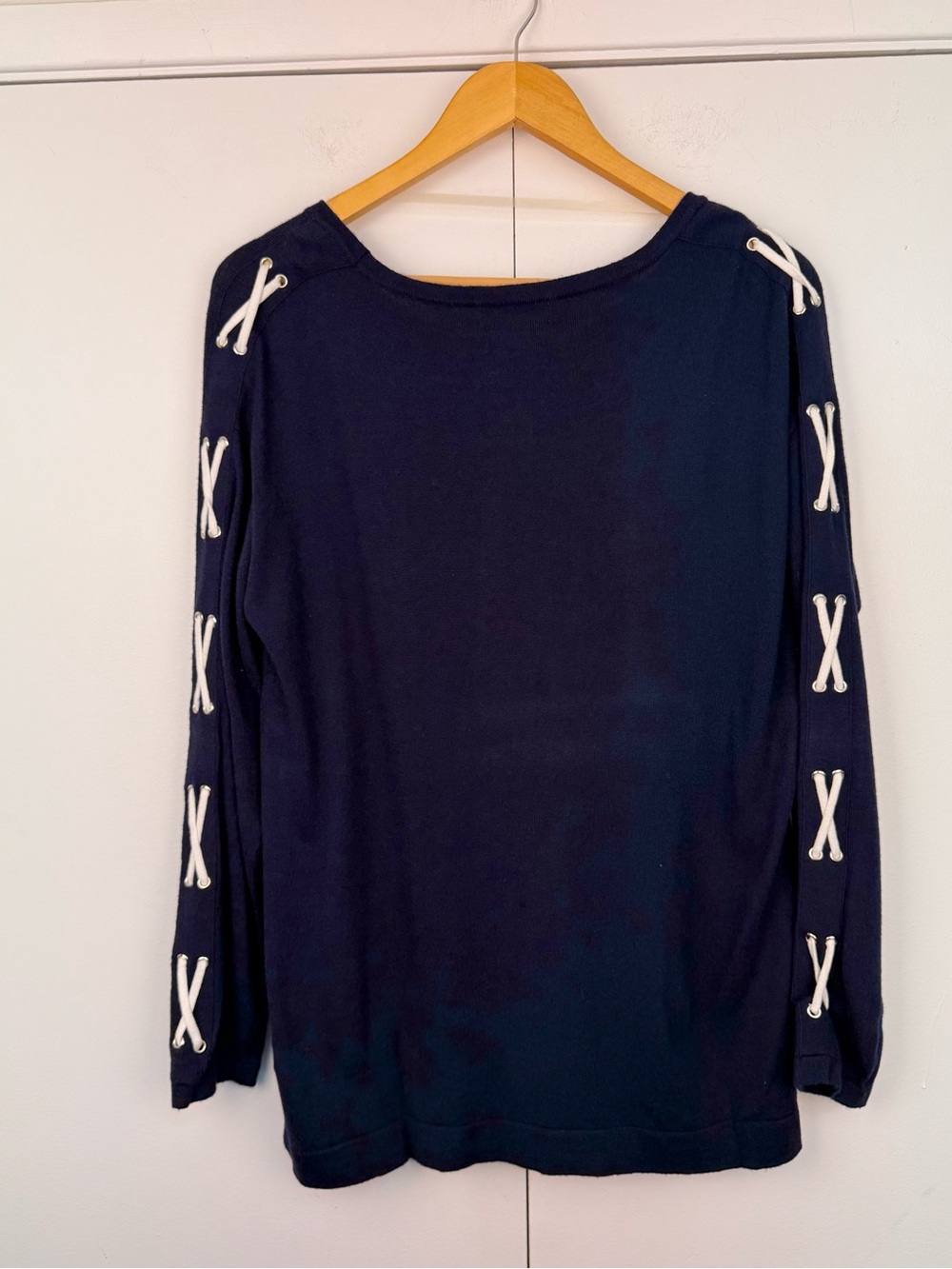 Neiman Marcus Navy Lace-Up Grommet Sleeve Sweater